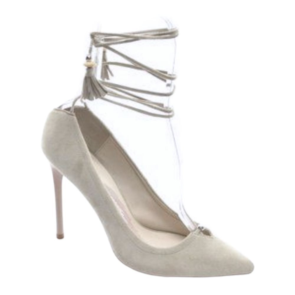 Brian Atwood Beige Suede Ankle Lace Heels Point Toe Leather Sole US 6 M